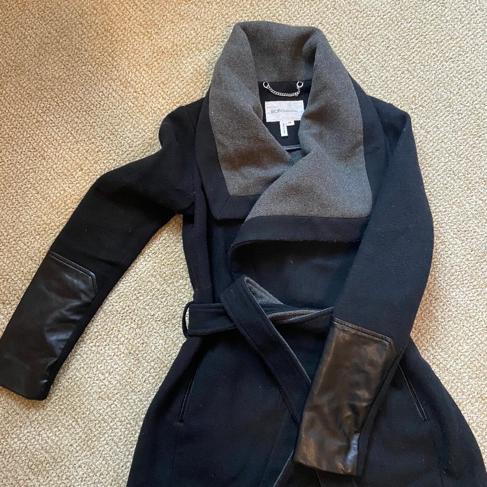 Black Wool Blend BCBG Wrap Coat with Belt